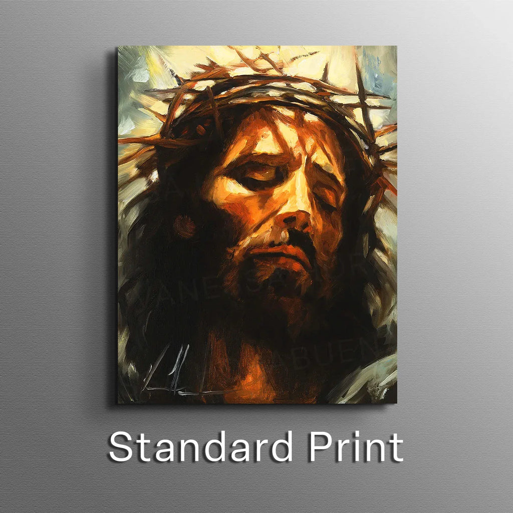 Christian wall art print of Jesus portrait with warm orange and dark brown strokes