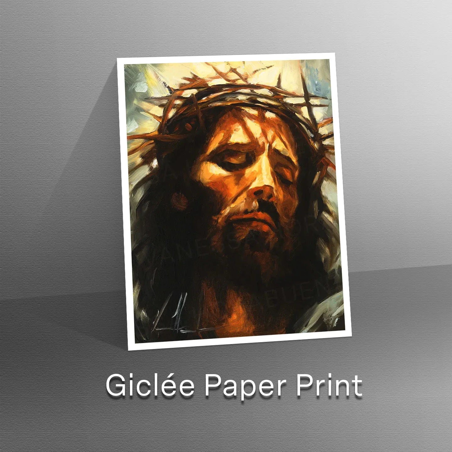 Bearded Jesus portrait wall art print with warm orange face and dark hair