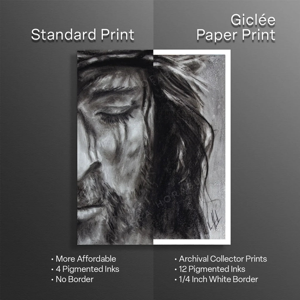 Black-and-white portrait sketch print with white border, woman's face and long flowing hair