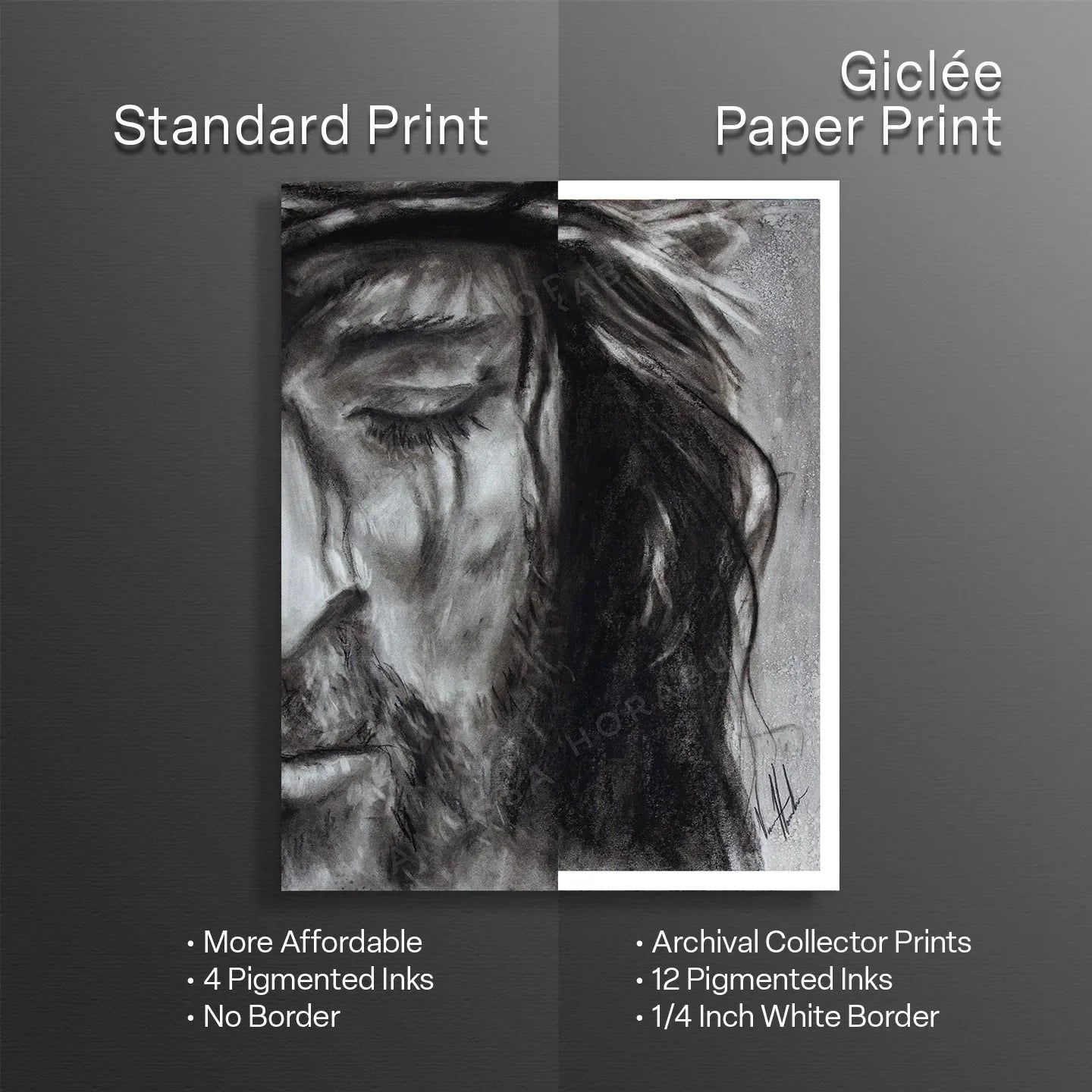 Black-and-white portrait sketch print with white border, woman's face and long flowing hair