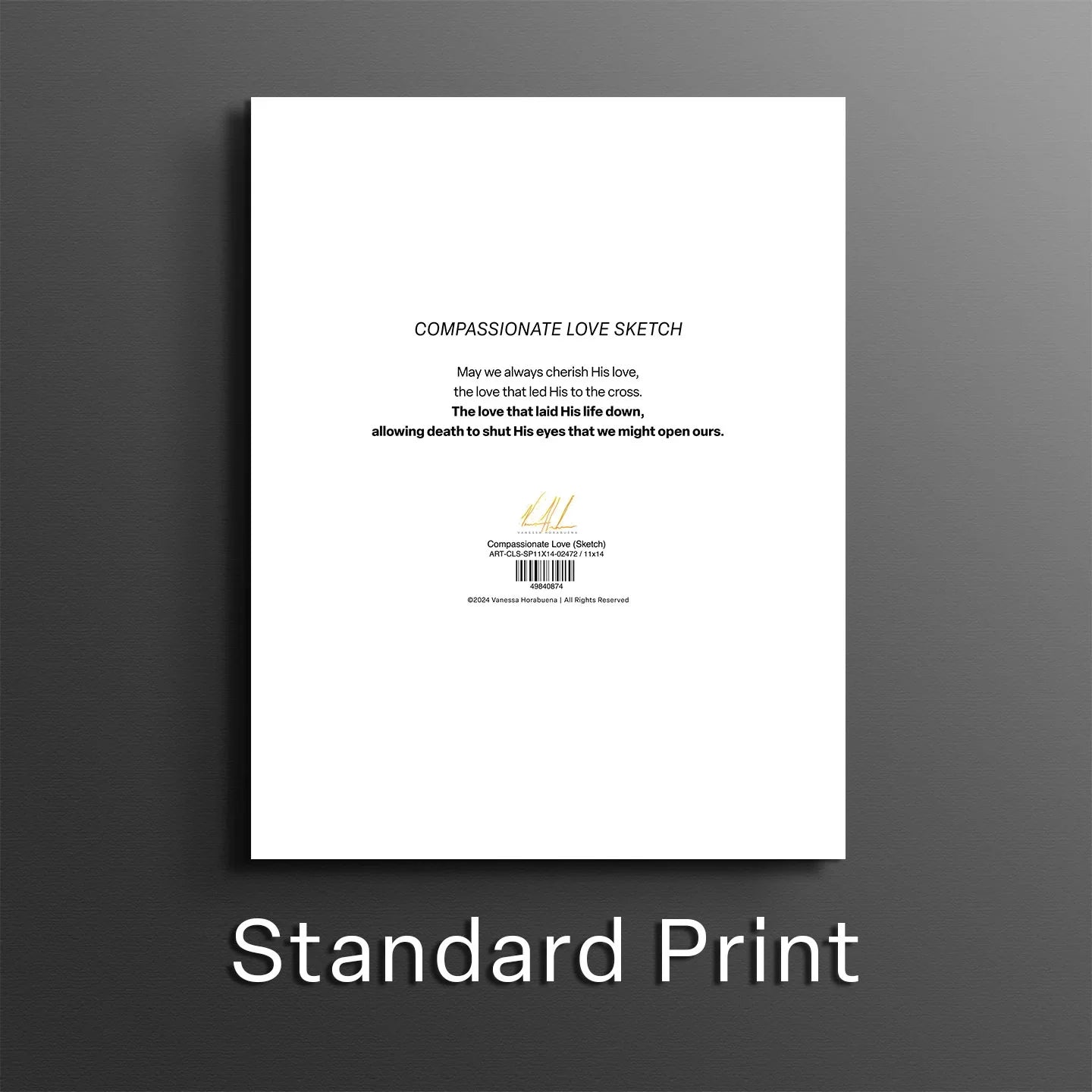 White back of an art print with small centered text and barcode-like details