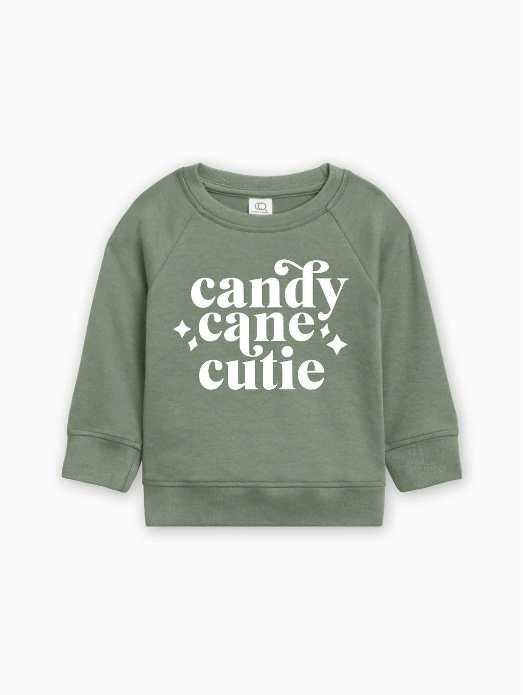 Thyme green baby pullover sweatshirt, long sleeves, 'candy cane cutie' graphic