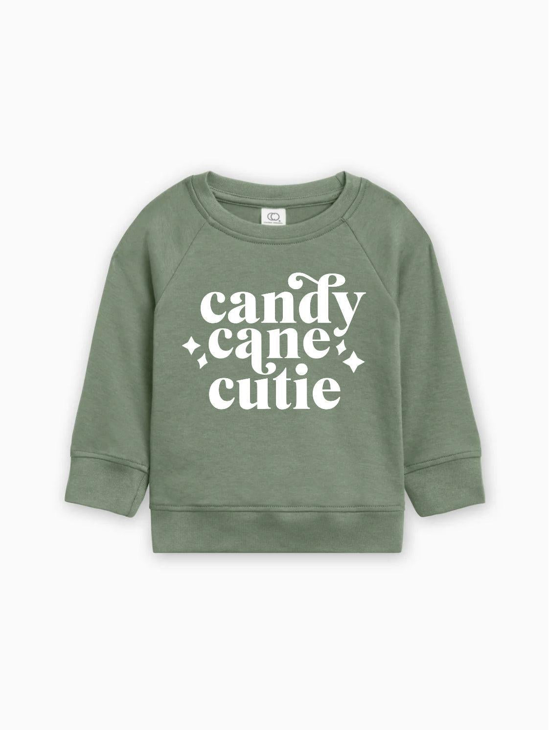Thyme green baby pullover sweatshirt, long sleeves, 'candy cane cutie' graphic