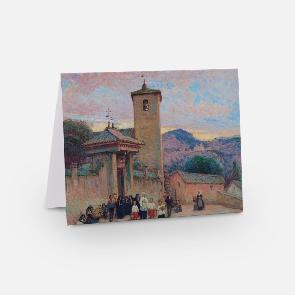 Illustrated art greeting card with church tower and crowd scene