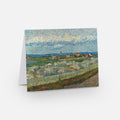 Landscape canvas print with blue sky, green fields, and rows of blossoming trees