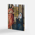 Religious painting of Christ in red robe standing by Mary in dark blue cloak