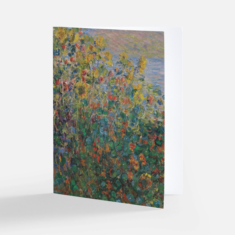 Monet impressionist flower bed art print with colorful blooms and blue sky
