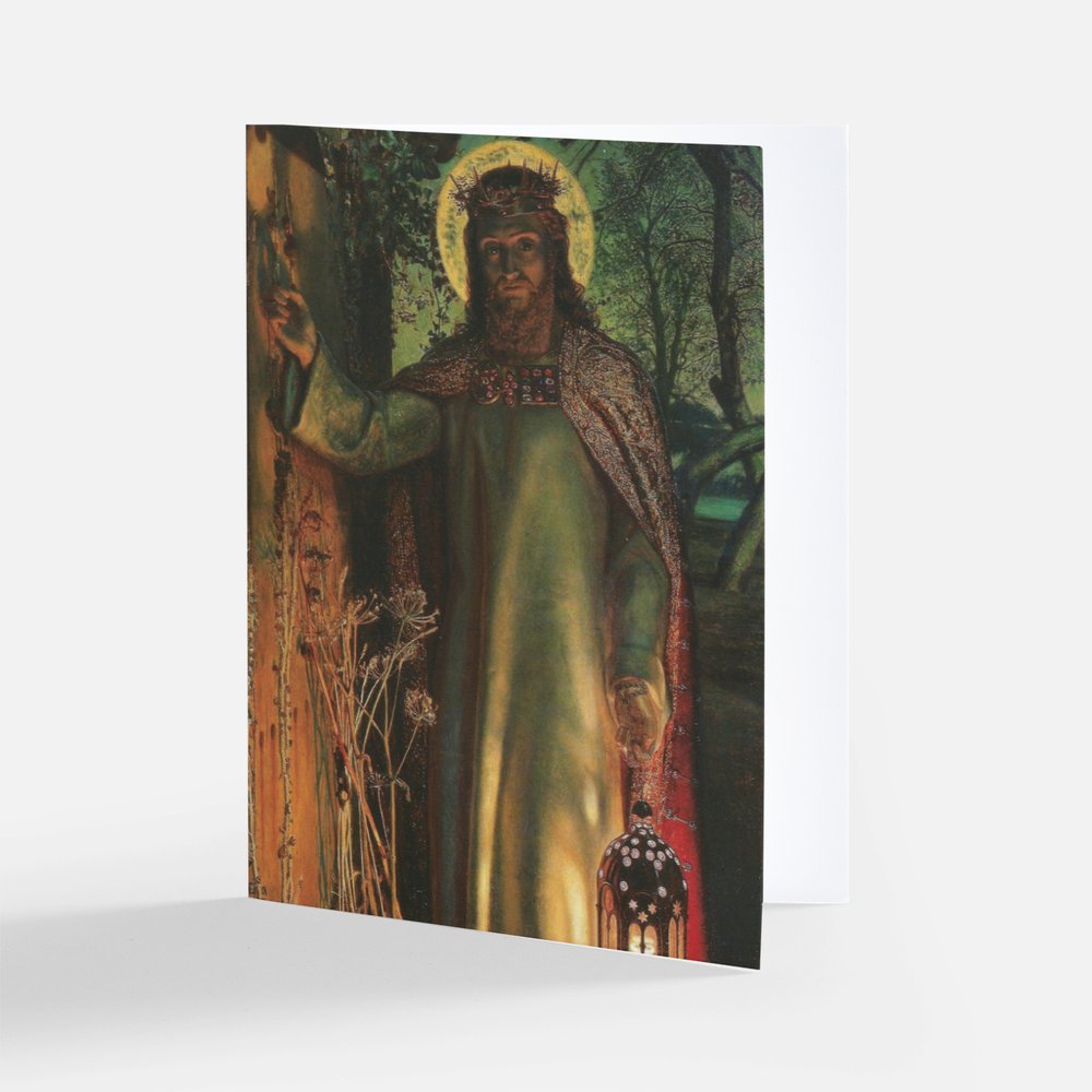 Religious art print card featuring a robed figure holding a lantern