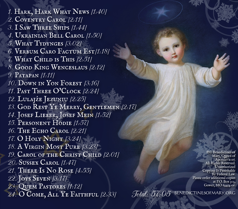 Christmas music CD back cover with angel illustration and track list text