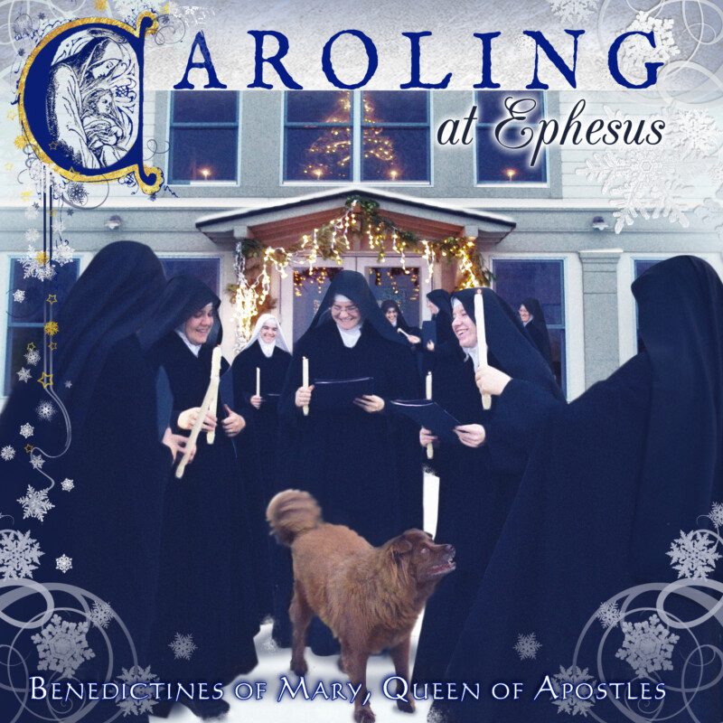 Christmas music CD cover with robed singers holding candles and a dog silhouette