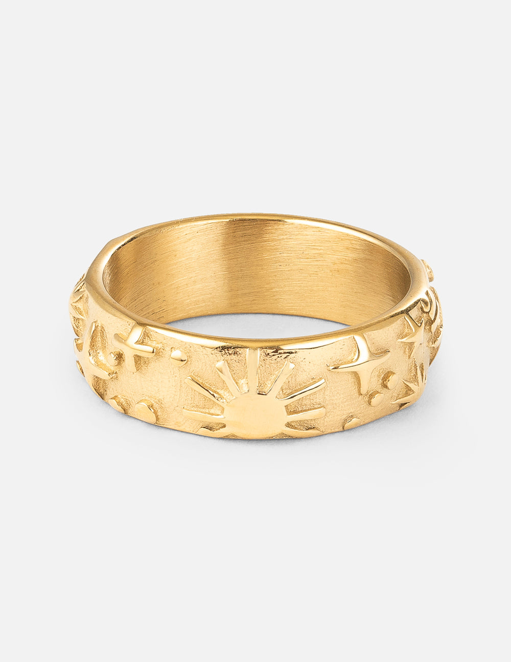 Gold-tone celestial-pattern band ring with engraved starburst and leaf details