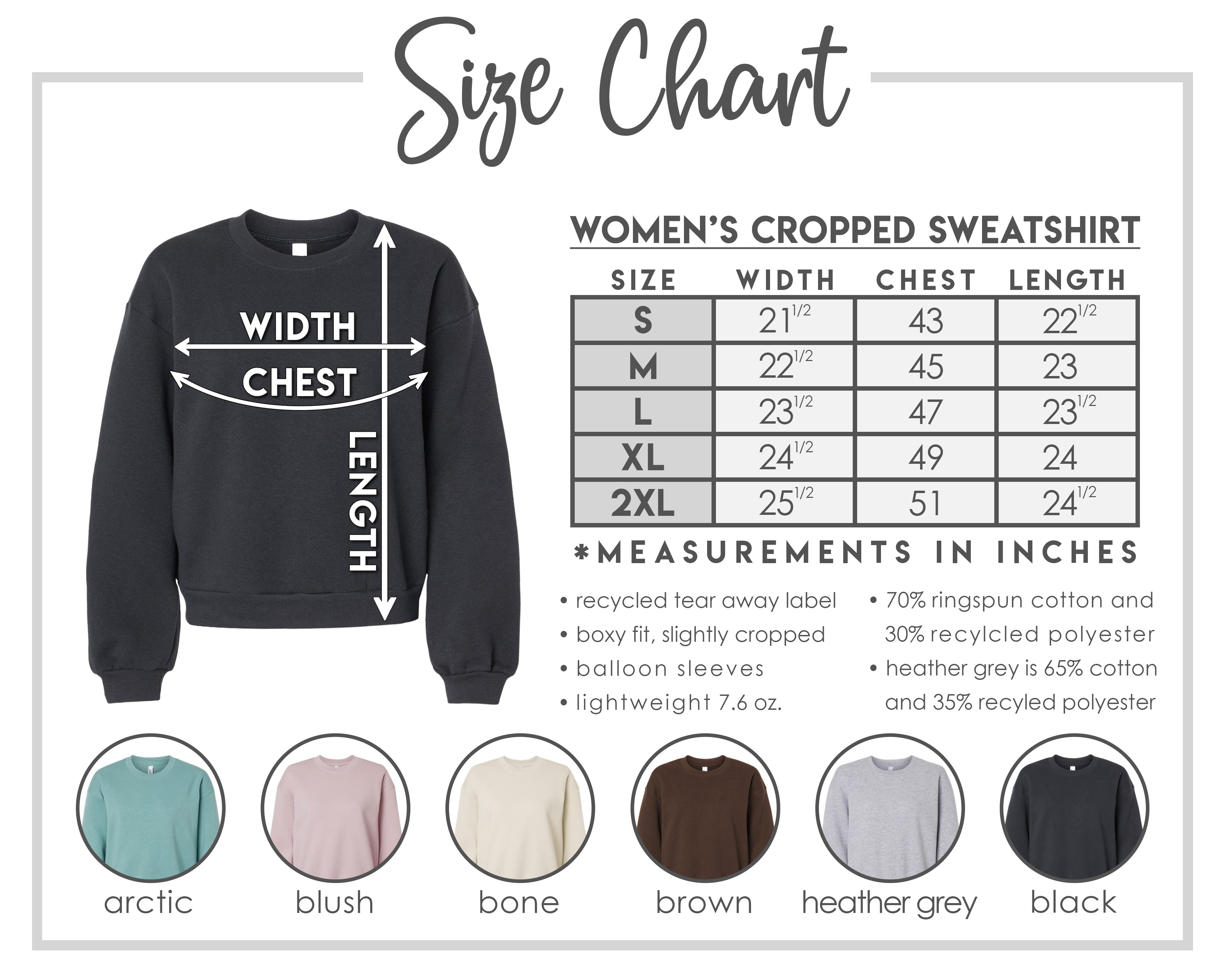 Women’s cropped sweatshirt size chart with width and length measurements