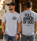 Men's light gray Christian T-shirt with 'FULL ARMOR OF GOD' and 'SIX:13' chest print