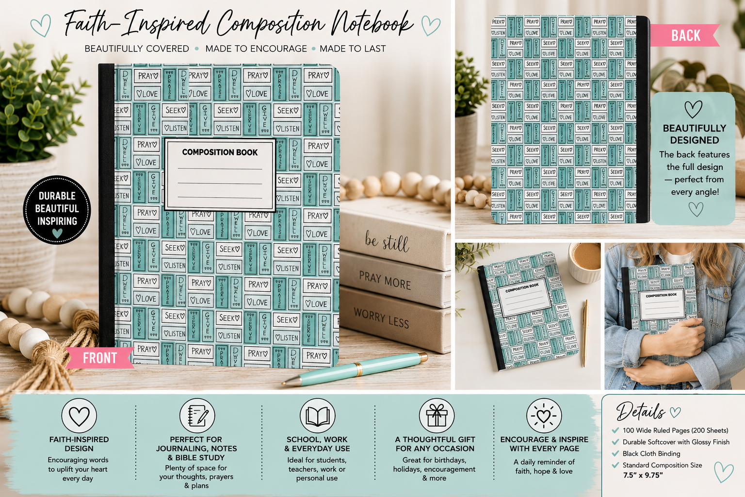 Teal faith-themed composition notebook with repeating quote and icon cover
