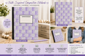 Purple composition notebook with faith-inspired typographic pattern and sticker label