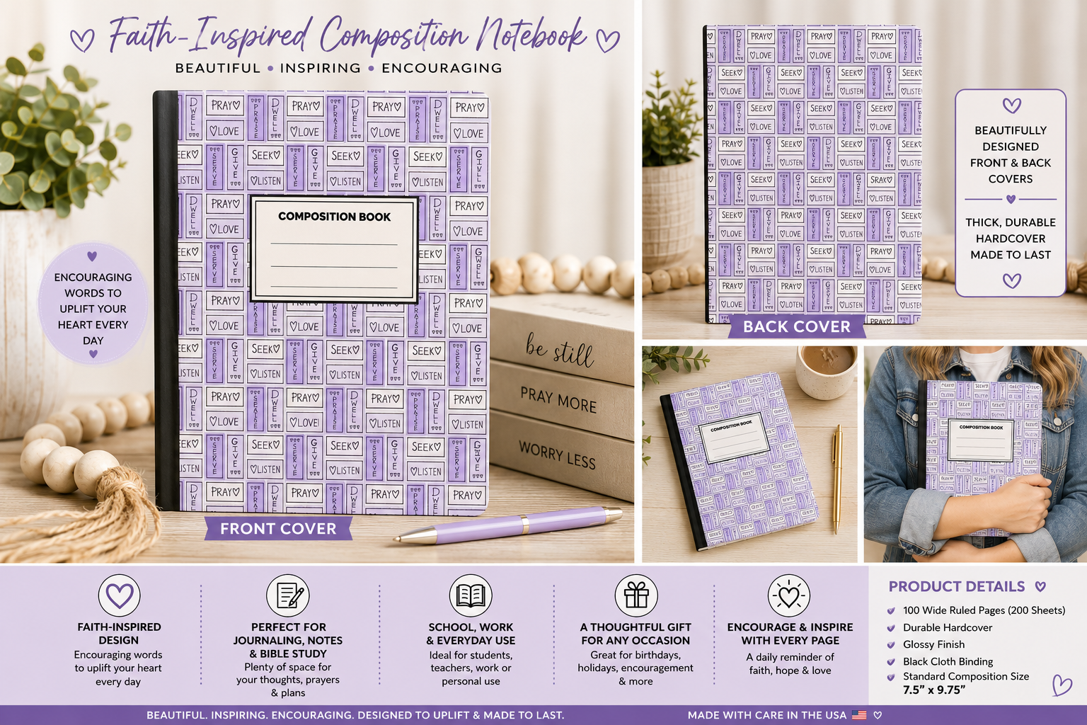 Purple composition notebook with faith-inspired typographic pattern and sticker label