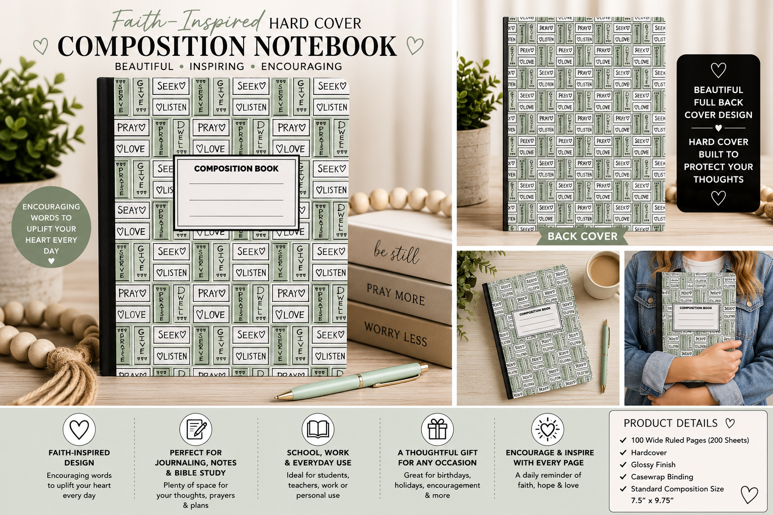 Faith-inspired hard cover composition notebook, green prayer-grid cover