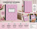 Pink composition notebook with faith-themed patterned cover and heart accents.