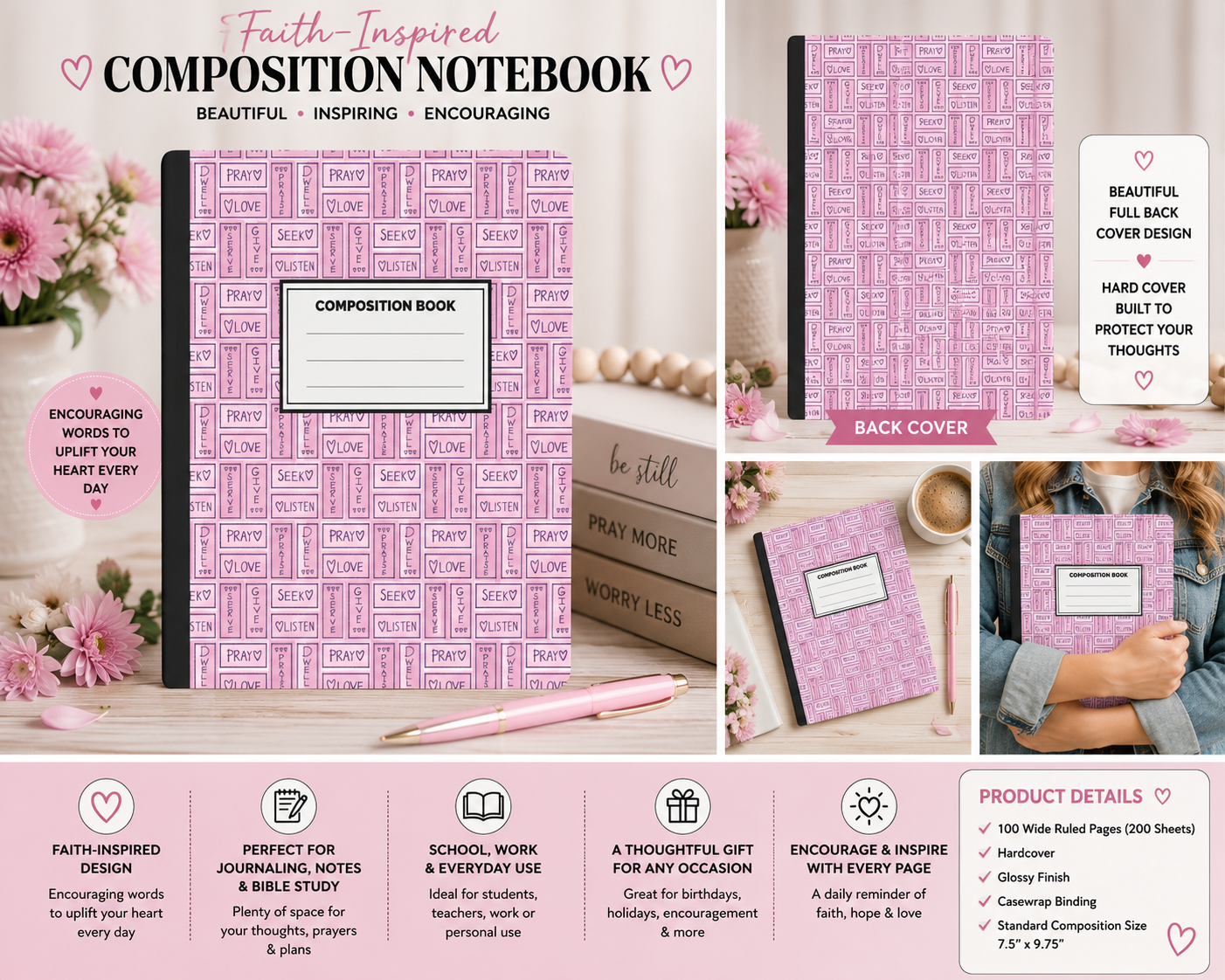 Pink composition notebook with faith-themed patterned cover and heart accents.