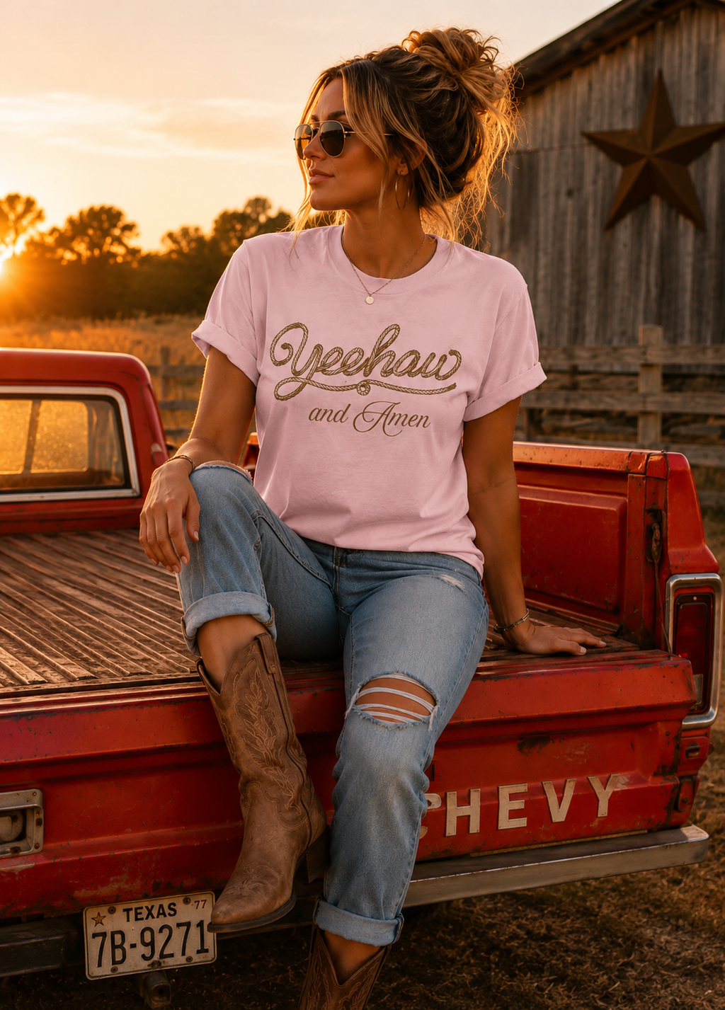 Blossom pink graphic Christian tee with 'Yeehaw and Amen' script