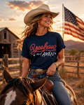 Navy western graphic tee with red "Cheerin'" and white "Amen" script