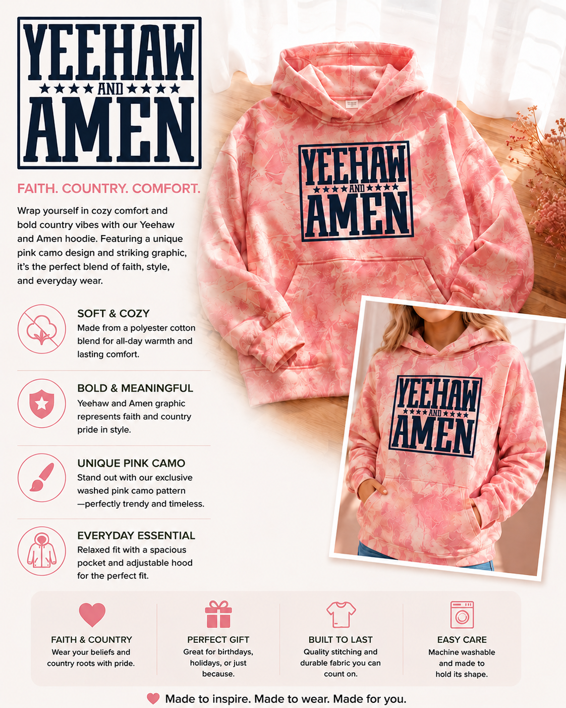 Pink camo hoodie with Yeehaw and Amen front logo and kangaroo pocket