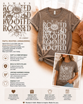 Brown crewneck Rooted in Christ graphic T-shirt, large floral text print on front