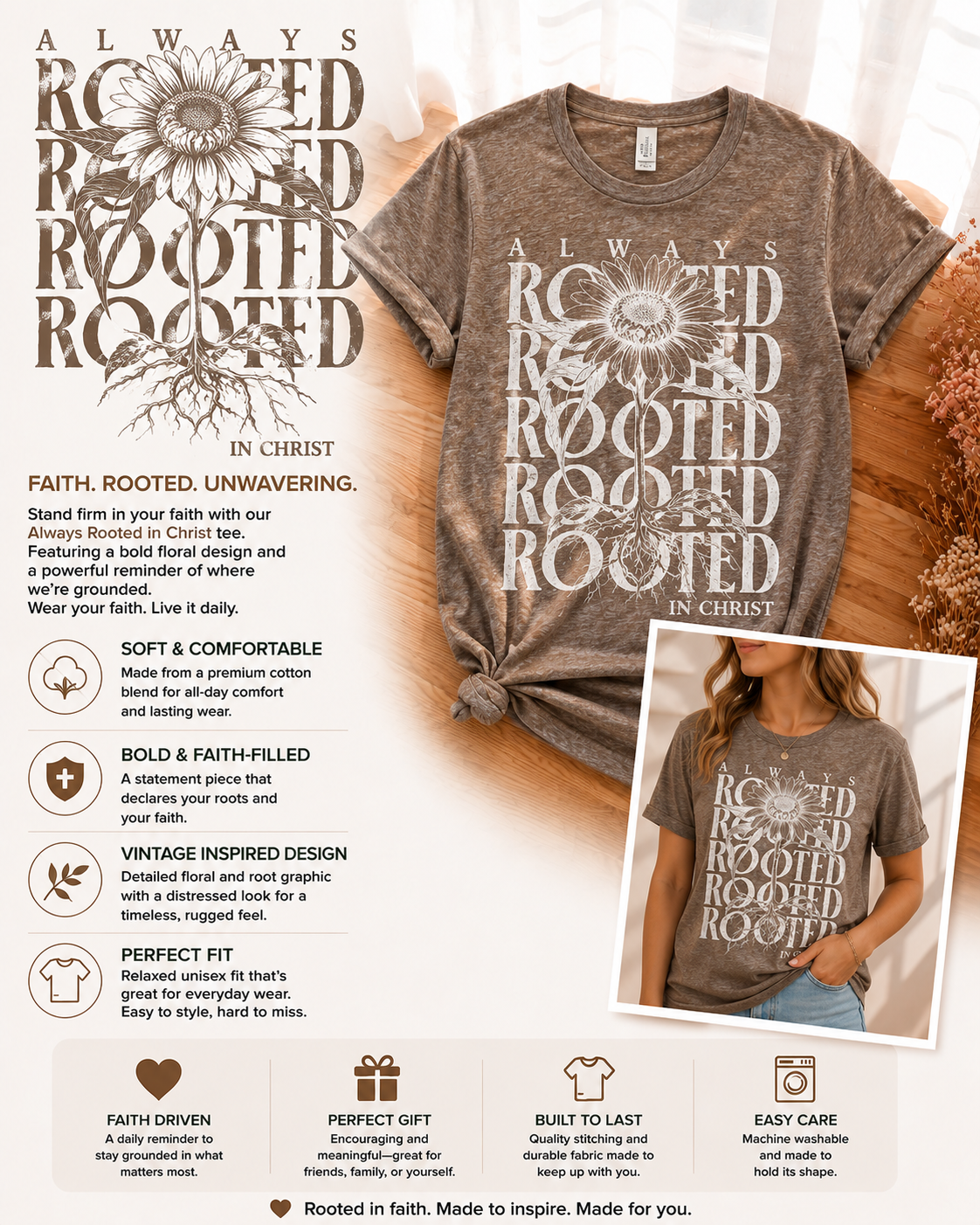 Brown crewneck Rooted in Christ graphic T-shirt, large floral text print on front