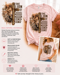 Light pink crewneck T-shirt with lion face graphic and vertical THE LION OF JUDAH text