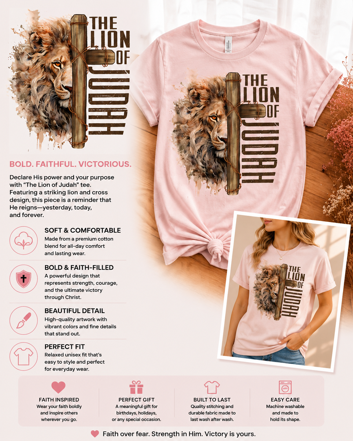Light pink crewneck T-shirt with lion face graphic and vertical THE LION OF JUDAH text