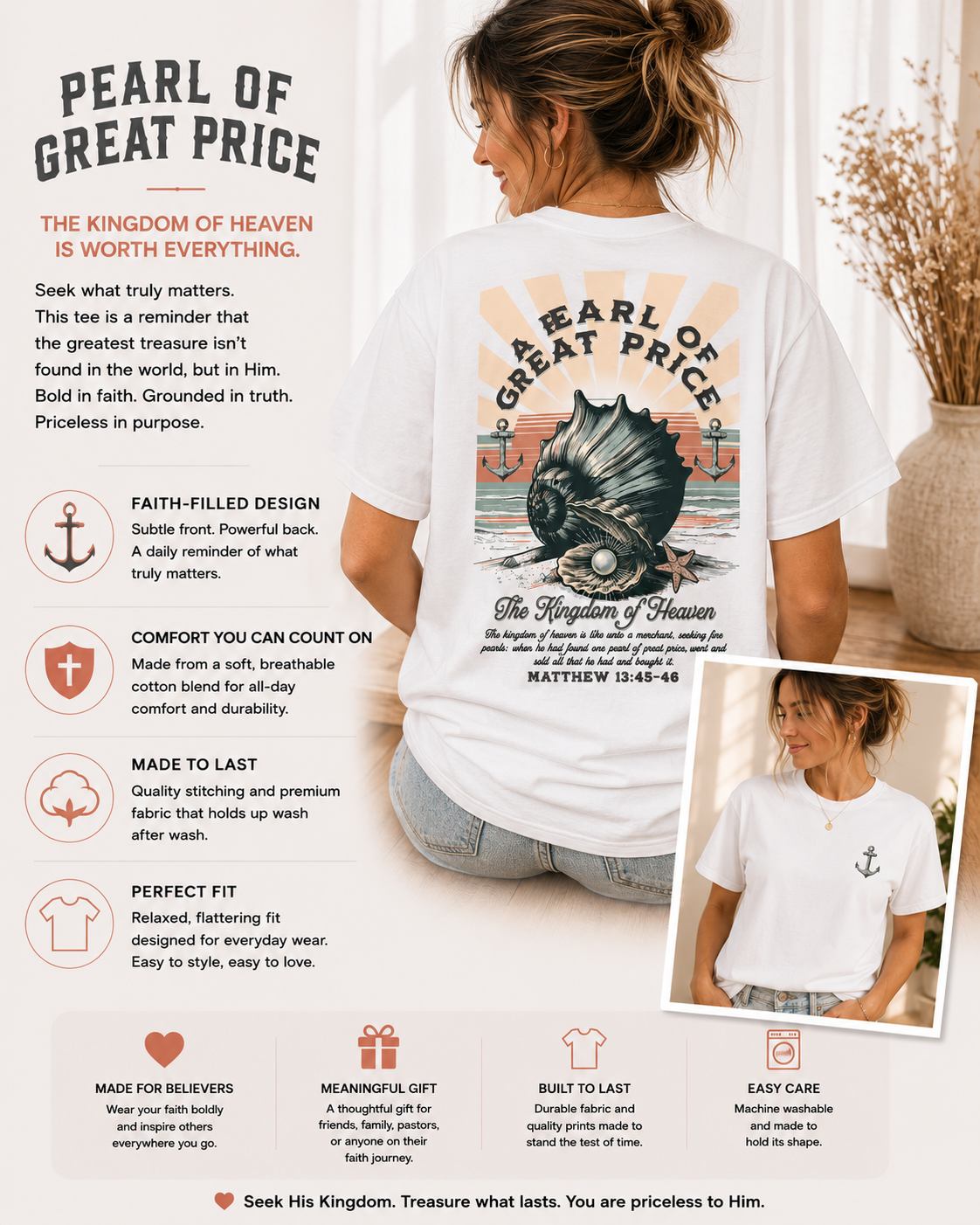 White crewneck T-shirt with seashell graphic and Pearl of Great Price lettering