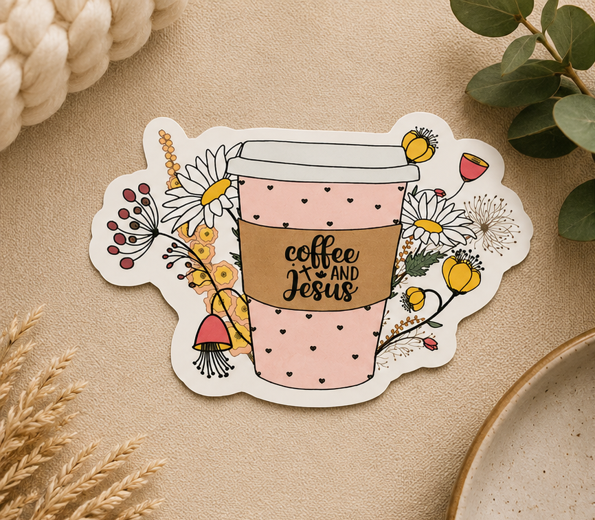 Coffee-and-Jesus sticker: illustrated pink coffee cup with 'coffee + jesus', flowers