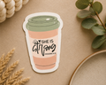 Coffee cup quote sticker: green lid, peach sleeve, “SHE IS STRONG” Proverbs 31:25
