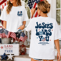 White T-shirt with large “Jesus loves you” back graphic