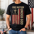 Black unisex T-shirt with front text and distressed cross and flag graphic