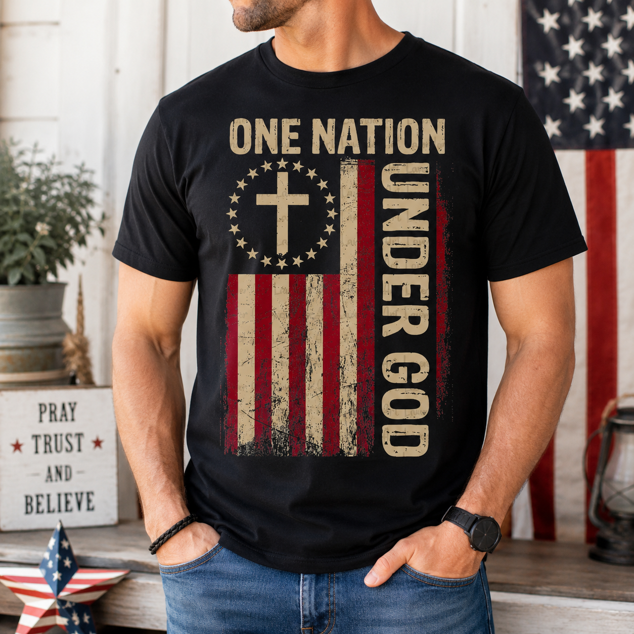 Black unisex T-shirt with front text and distressed cross and flag graphic