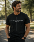 Black crewneck short-sleeve T-shirt with centered white scripture-style text graphic