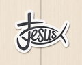 Jesus fish sticker with black cross and script, white outline