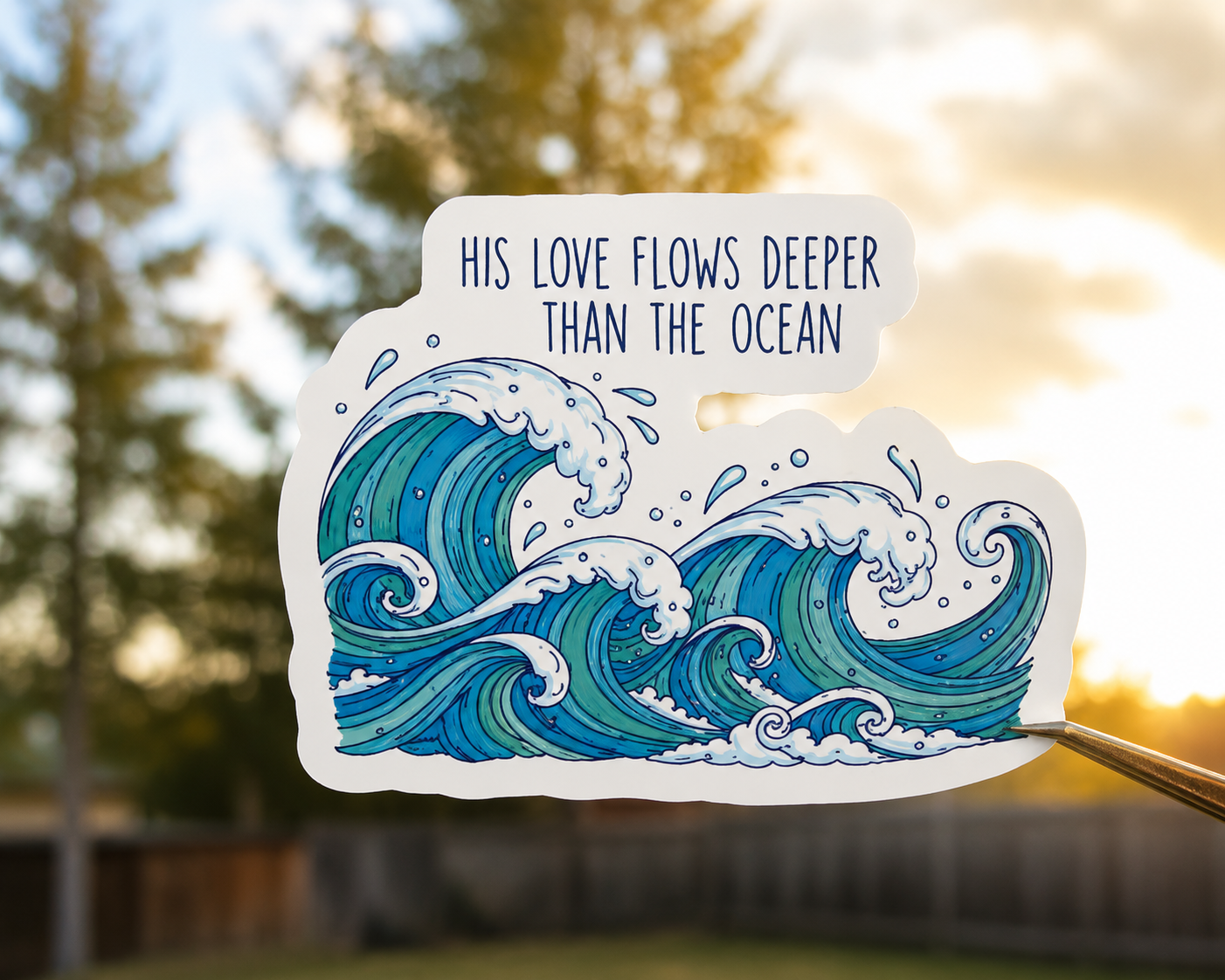 Ocean wave sticker with text 'His Love Flows Deeper Than The Ocean' in blue