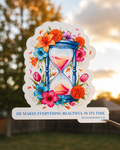 Floral hourglass scripture sticker with blue sand; He makes everything beautiful in its time