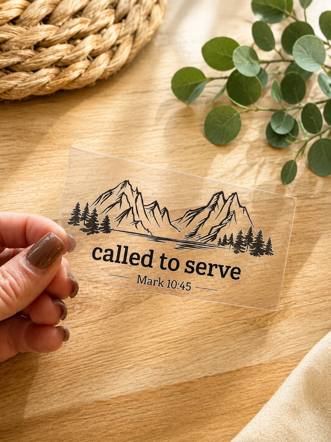 Called to Serve decal with mountain trees, "called to serve" text, and "Mark 10:45".