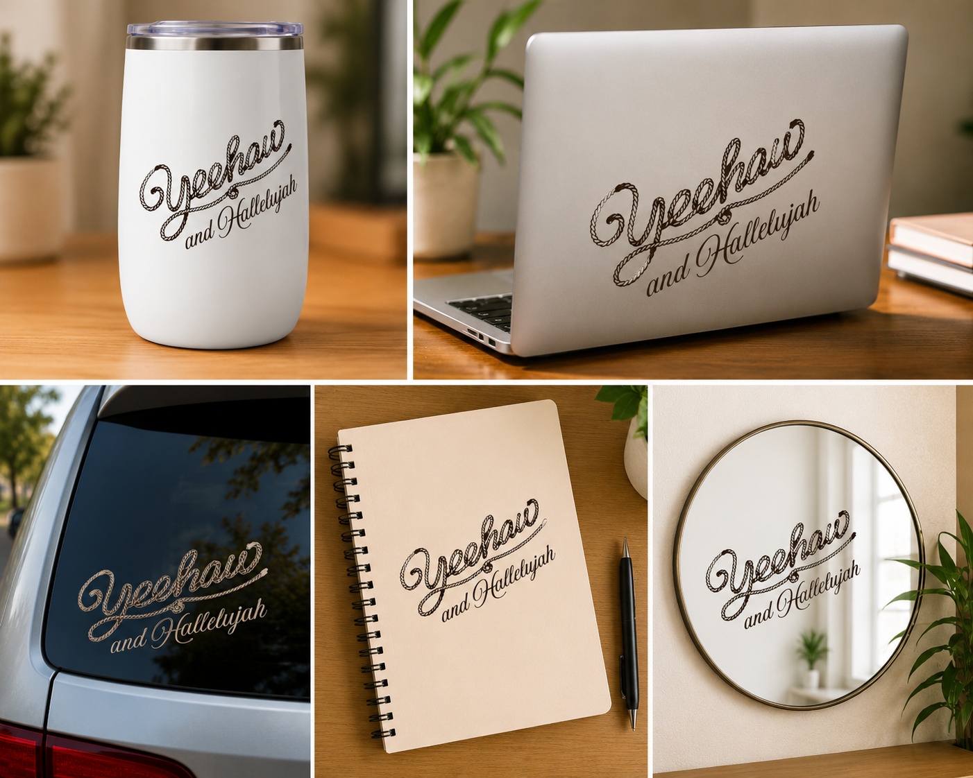 Yeehaw and Hallelujah UVDTF decal shown on tumbler, laptop, car, notebook, and mirror