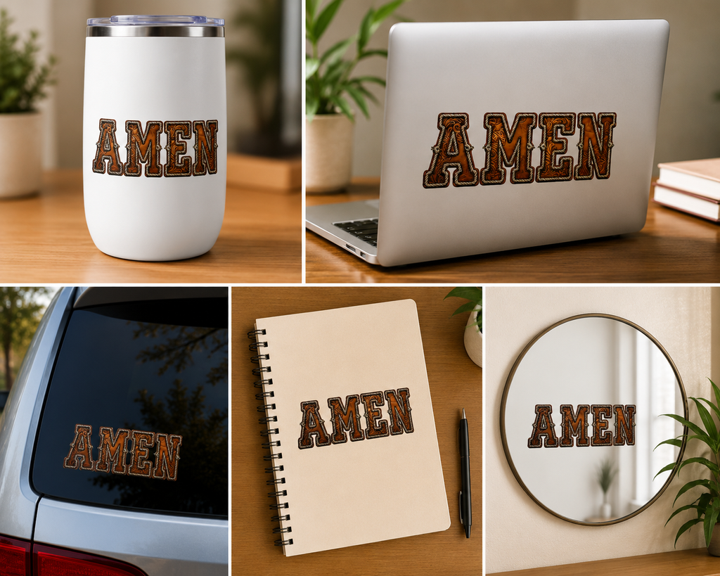 Amen UV DTF decal shown on tumbler, laptop, notebook, car window, and mirror