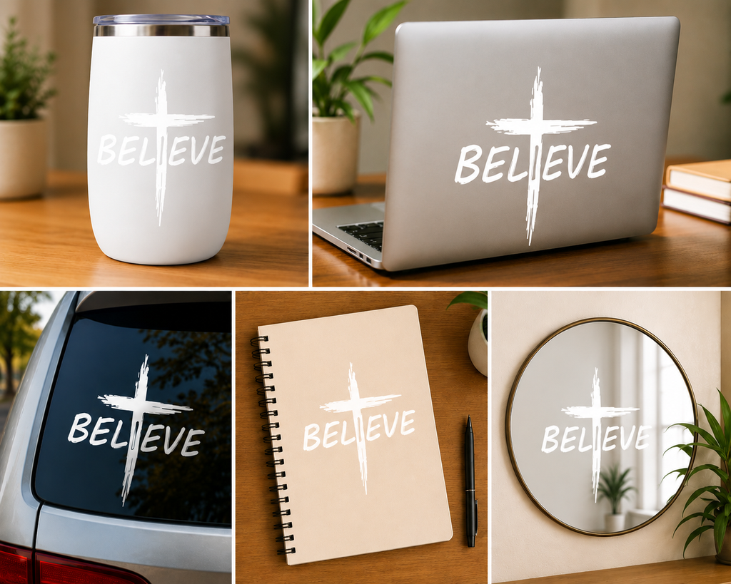 White cross and BELIEVE UV DTF decal on cup, laptop, car, notebook, mirror