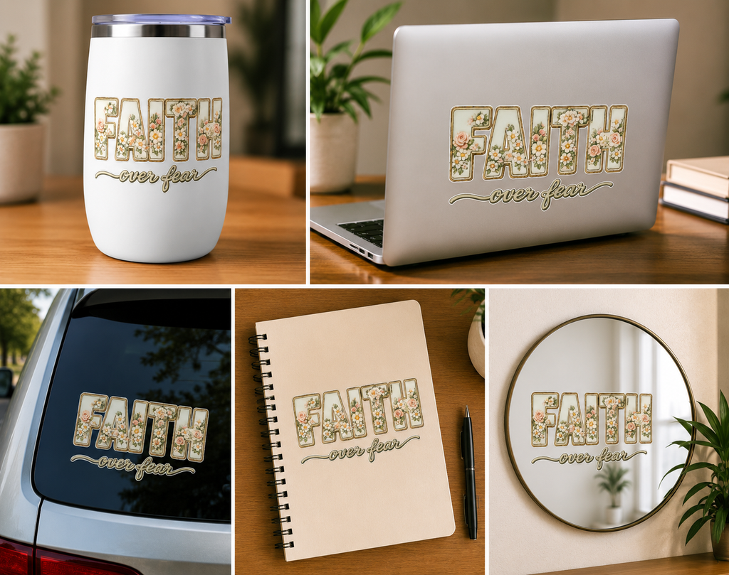 Floral UV DTF decal with gold "FAITH" letters and roses; shown on cup, laptop, notebook, car