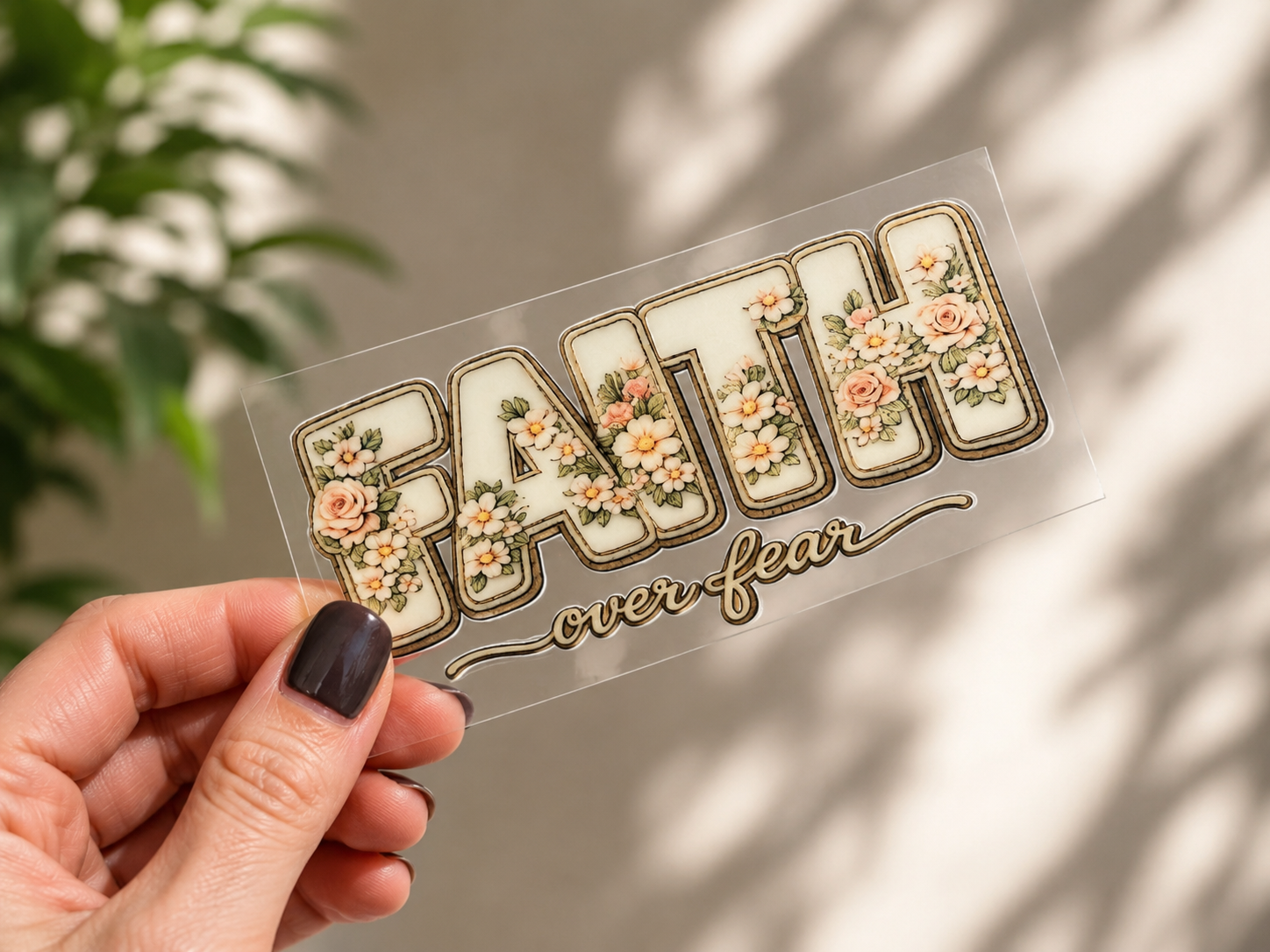 Floral UV DTF decal sticker with gold "FAITH" letters and roses, "over fear" script