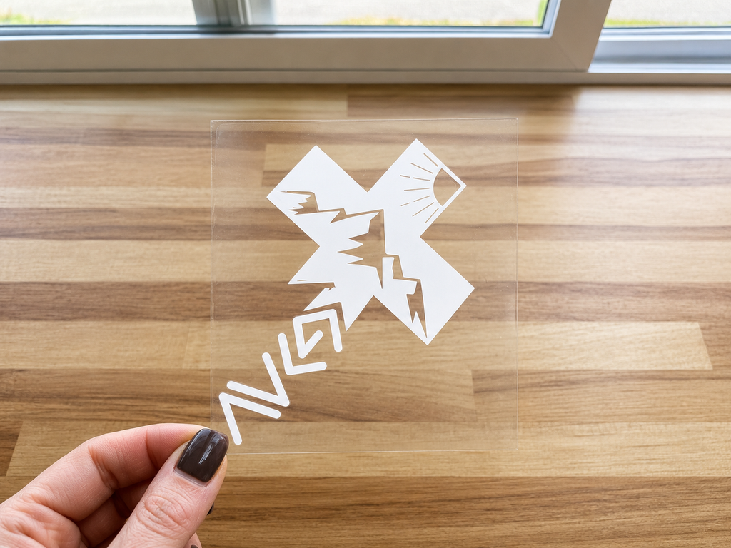 White cross UV DTF decal with stylized lightning and arrow symbols
