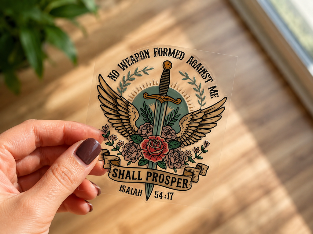 UV DTF decal with winged sword floral design, “SHALL PROSPER” and “Isaiah 54:17”