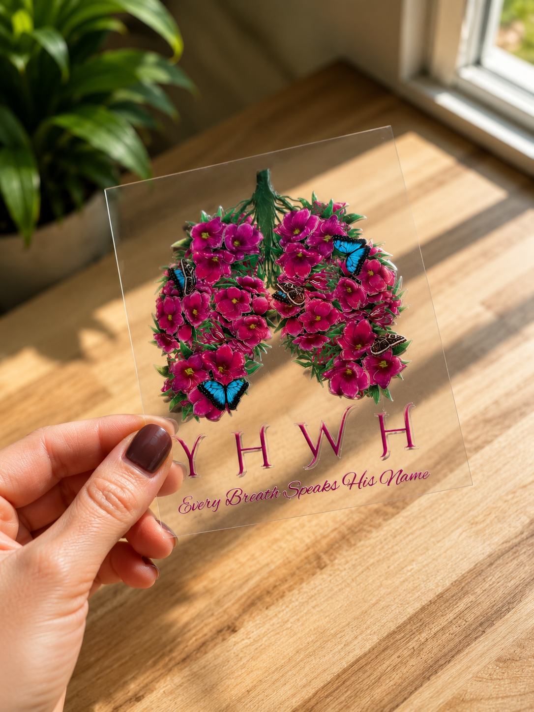 Floral wreath and 'YHWH' lettering UV DTF decal with small scripture text