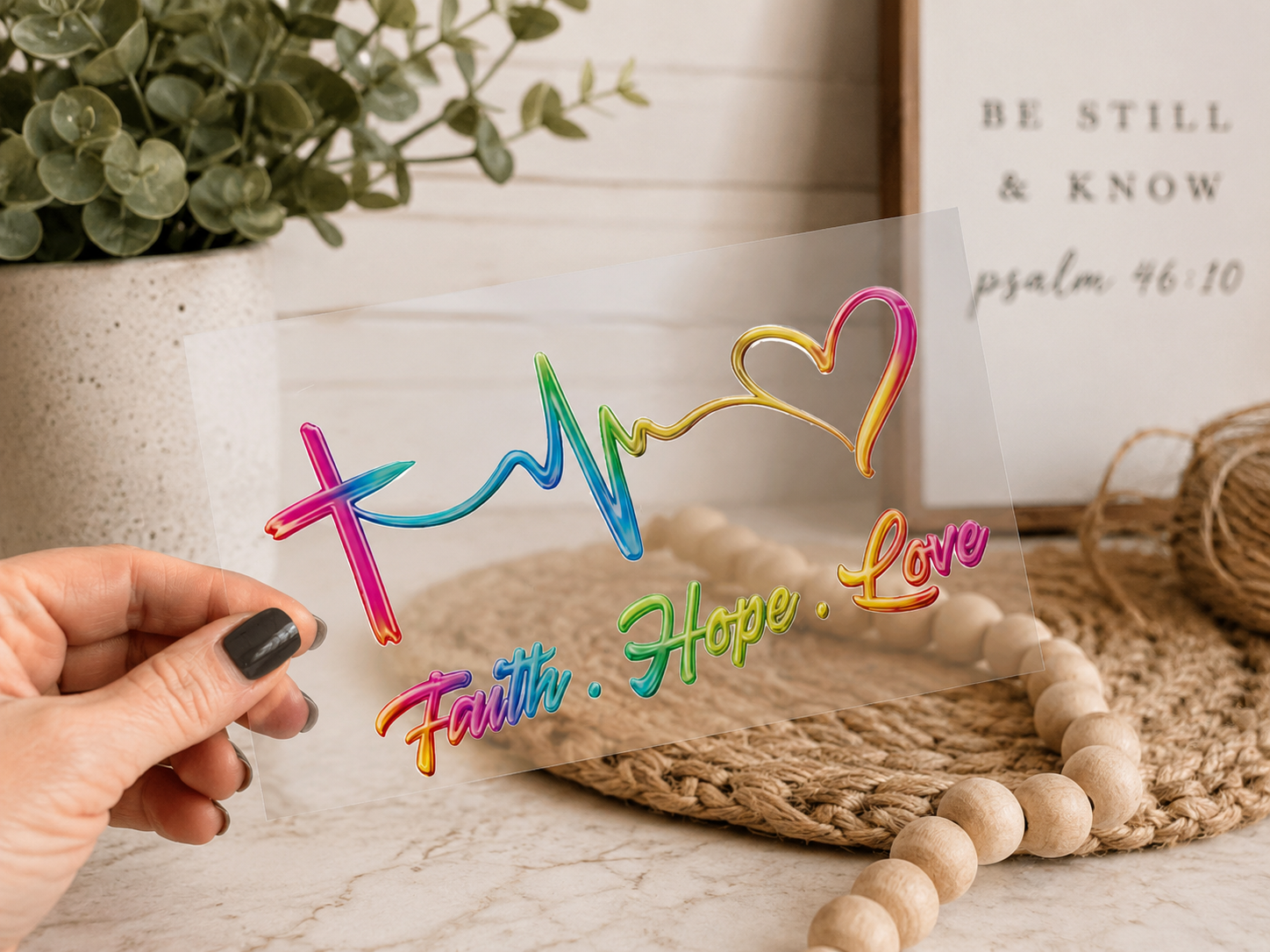 Faith Hope Love UV DTF decal with cross, heart, and colorful cursive text
